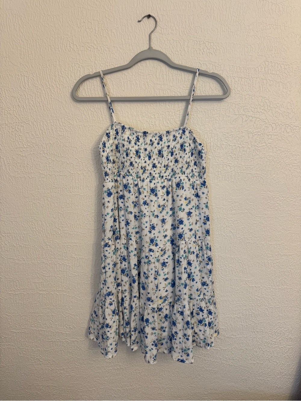 Womens White Dress with Blue Floral Print - Casual Summer Sundress